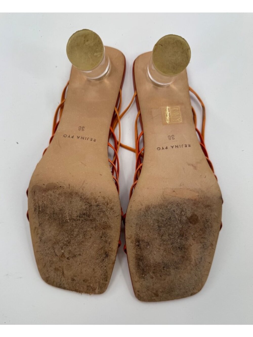 Rejina Pyo Orange Leather Strappy Mule Sandals Clear Lucite Block Heels Size 8 / - Picture 4 of 16